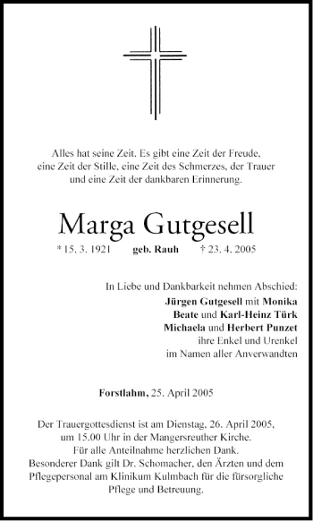 Anzeige von Marga Gutgesell von MGO