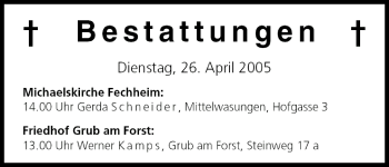 Anzeige von Bestattungen vom 26.04.2005 von MGO