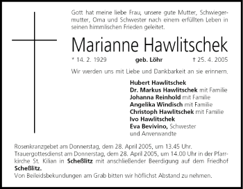 Anzeige von Marianne Hawlitschek von MGO