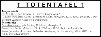 Anzeige von Totentafel vom 27.04.2005 von MGO