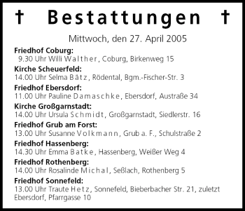 Anzeige von Bestattungen vom 27.04.2005 von MGO