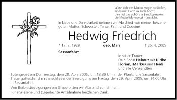 Anzeige von Hedwig Friedrich von MGO