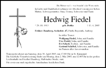 Anzeige von Hedwig Fiedel von MGO