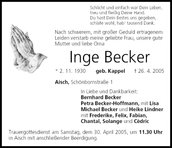 Anzeige von Inge Becker von MGO