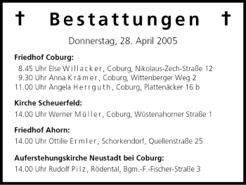 Anzeige von Bestattungen vom 28.04.2005 von MGO