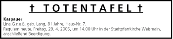Anzeige von Totentafel vom 29.04.2005 von MGO