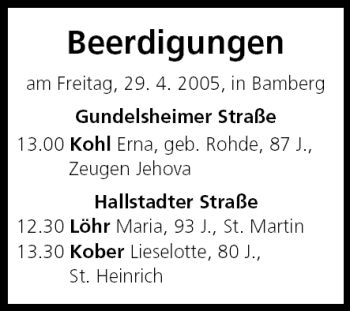 Anzeige von Beerdigungen vom 29.04.2005 von MGO