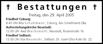Anzeige von Bestattungen vom 29.04.2005 von MGO