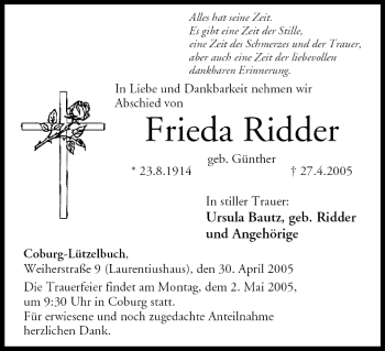 Anzeige von Frieda Ridder von MGO