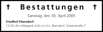 Anzeige von Bestattungen vom 30.04.2005 von MGO