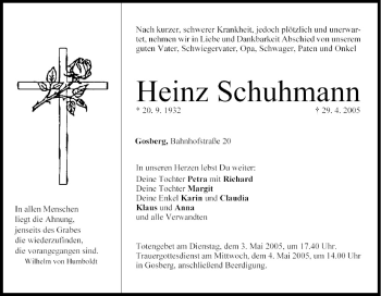 Anzeige von Heinz Schuhmann von MGO