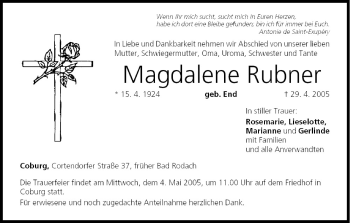 Anzeige von Magdalene Rubner von MGO