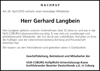 Anzeige von Gerhard Langbein von MGO