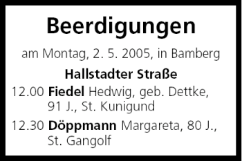 Anzeige von Beerdigungen vom 02.05.2005 von MGO
