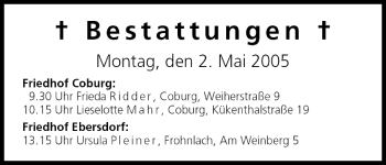 Anzeige von Bestattungen vom 02.05.2005 von MGO