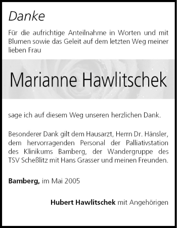 Anzeige von Marianne Hawlitschek von MGO