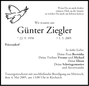 Anzeige von Günter Ziegler von MGO
