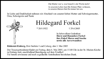 Anzeige von Hildegard Forkel von MGO