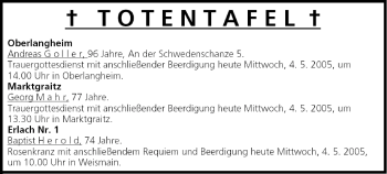 Anzeige von Totentafel vom 04.05.2005 von MGO