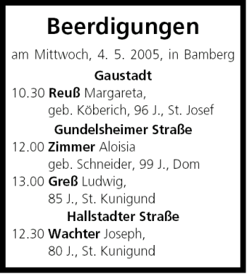 Anzeige von Beerdigungen vom 04.05.2005 von MGO