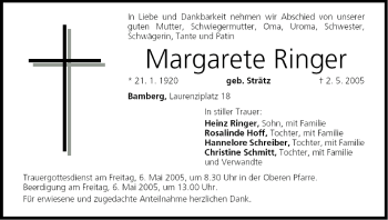 Anzeige von Margarete Ringer von MGO