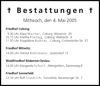 Anzeige von Bestattungen vom 04.05.2005 von MGO