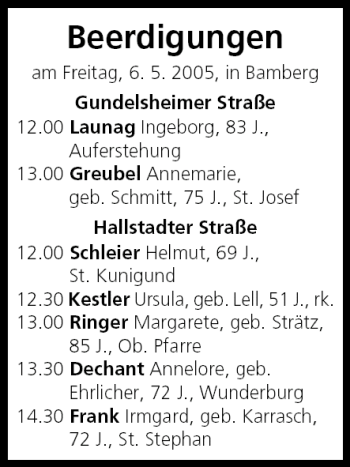 Anzeige von Beerdigungen vom 05.05.2005 von MGO