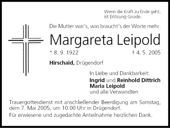 Anzeige von Margareta Leipold von MGO