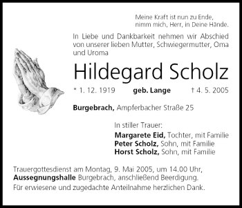 Anzeige von Hildegard Scholz von MGO