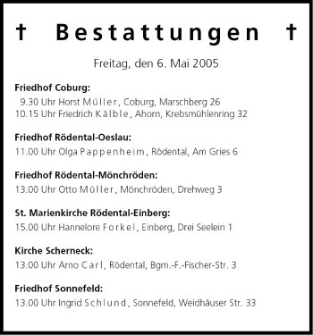 Anzeige von Bestattungen vom 05.05.2005 von MGO
