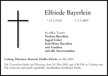 Anzeige von Elfriede Bayerlein von MGO