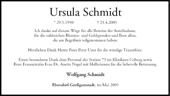 Anzeige von Ursula Schmidt von MGO