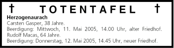 Anzeige von Totentafel vom 07.05.2005 von MGO