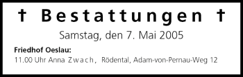 Anzeige von Bestattungen vom 07.05.2005 von MGO
