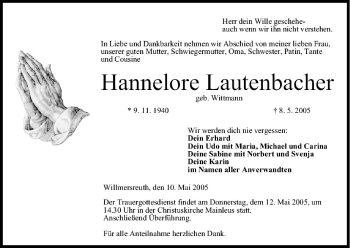 Anzeige von Hannelore Lautenbacher von MGO
