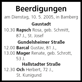 Anzeige von Beerdigungen vom 10.05.2005 von MGO