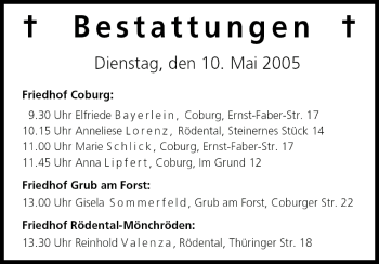 Anzeige von Bestattungen vom 10.05.2005 von MGO