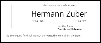 Anzeige von Hermann Zuber von MGO