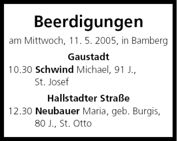 Anzeige von Beerdigungen vom 11.05.2005 von MGO