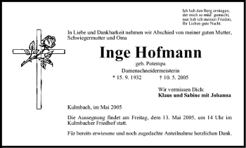 Anzeige von Inge Hofmann von MGO