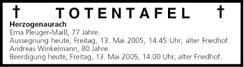 Anzeige von Totentafel vom 13.05.2005 von MGO