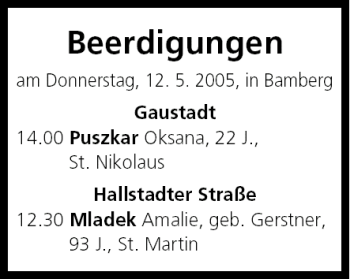 Anzeige von Beerdigungen vom 12.05.2005 von MGO