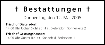 Anzeige von Bestattungen vom 12.05.2005 von MGO