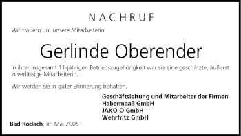 Anzeige von Gerlinde Oberender von MGO