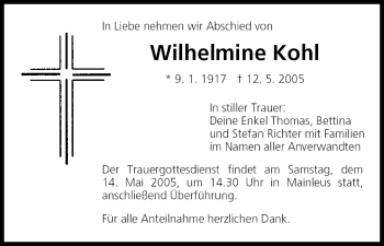 Anzeige von Wilhelmine Kohl von MGO