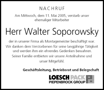 Anzeige von Walter Soporowsky von MGO