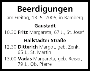Anzeige von Beerdigungen vom 13.05.2005 von MGO