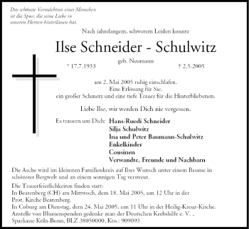 Anzeige von Ilse Schneider-Schulwitz von MGO
