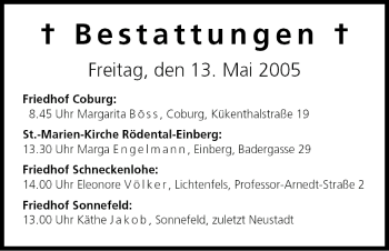 Anzeige von Bestattungen vom 13.05.2005 von MGO