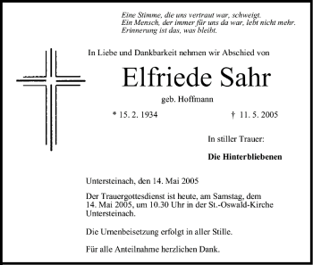 Anzeige von Elfriede Sahr von MGO